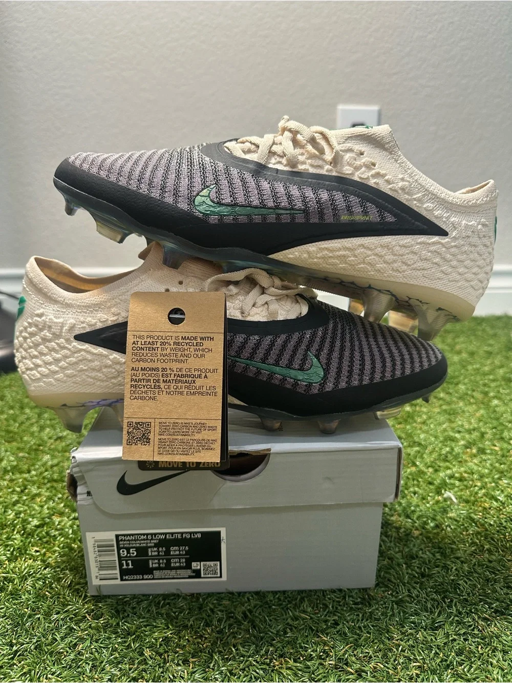 Nike Phantom Low Elite FG Soccer Cleats - Cream & Black with Green Swoosh